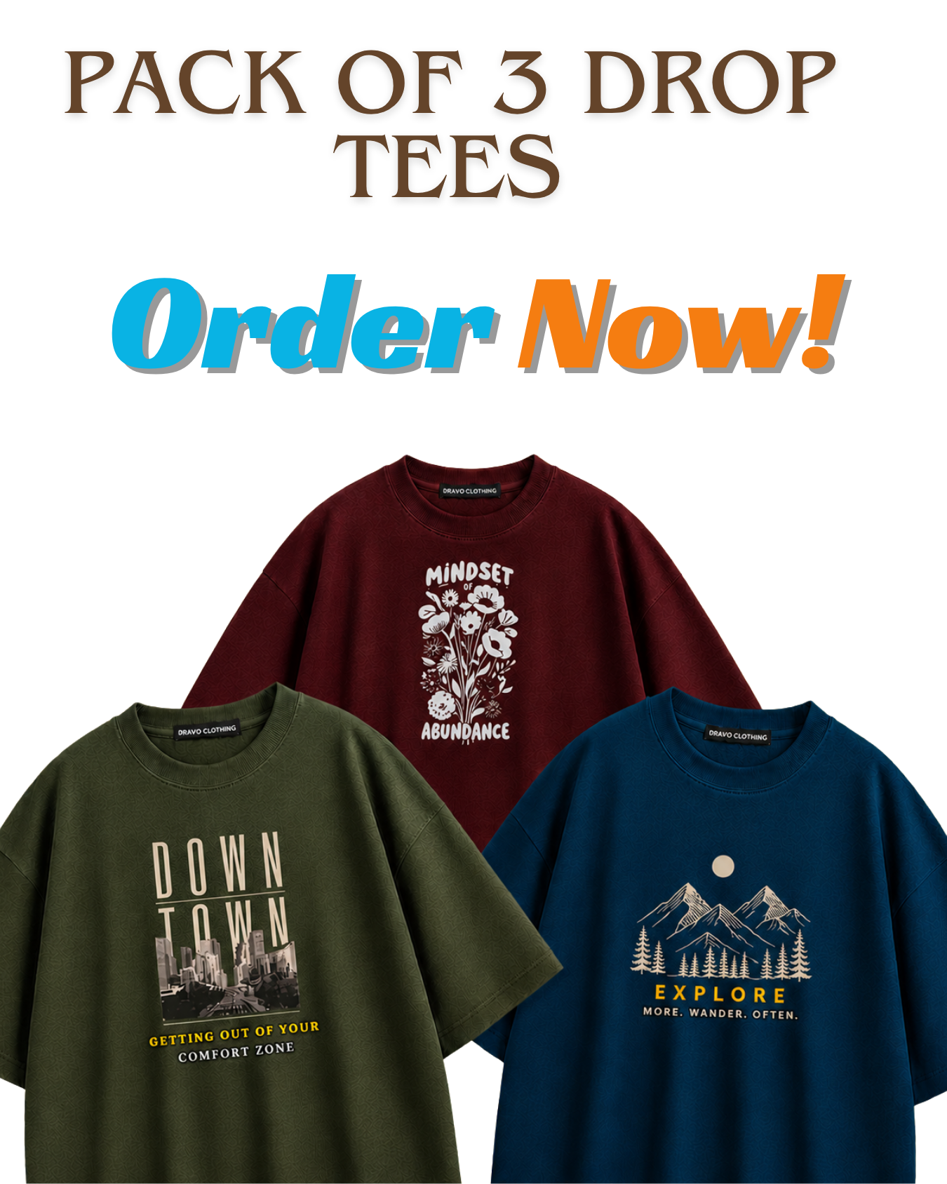 Unisex Pack of 3 Printed Drop Shoulder T-Shirts