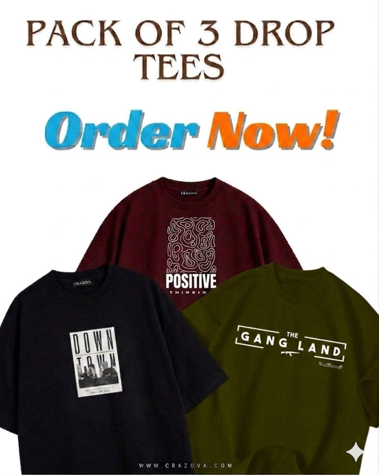 Unisex Pack of 3 Printed Drop Shoulder T-Shirts